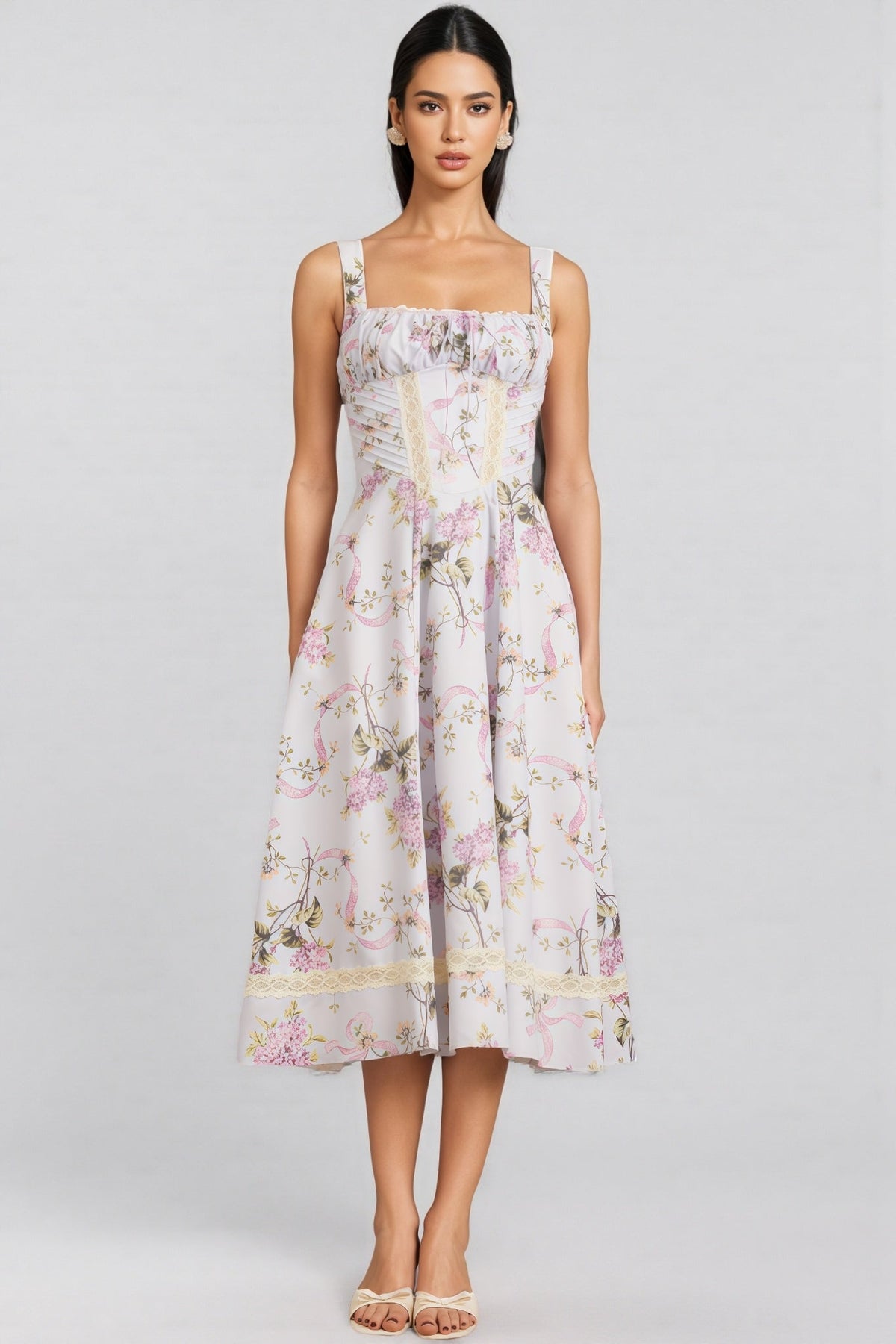 Floral Square Neck Ruched Bust Lace Trim A-Line Midi Dress