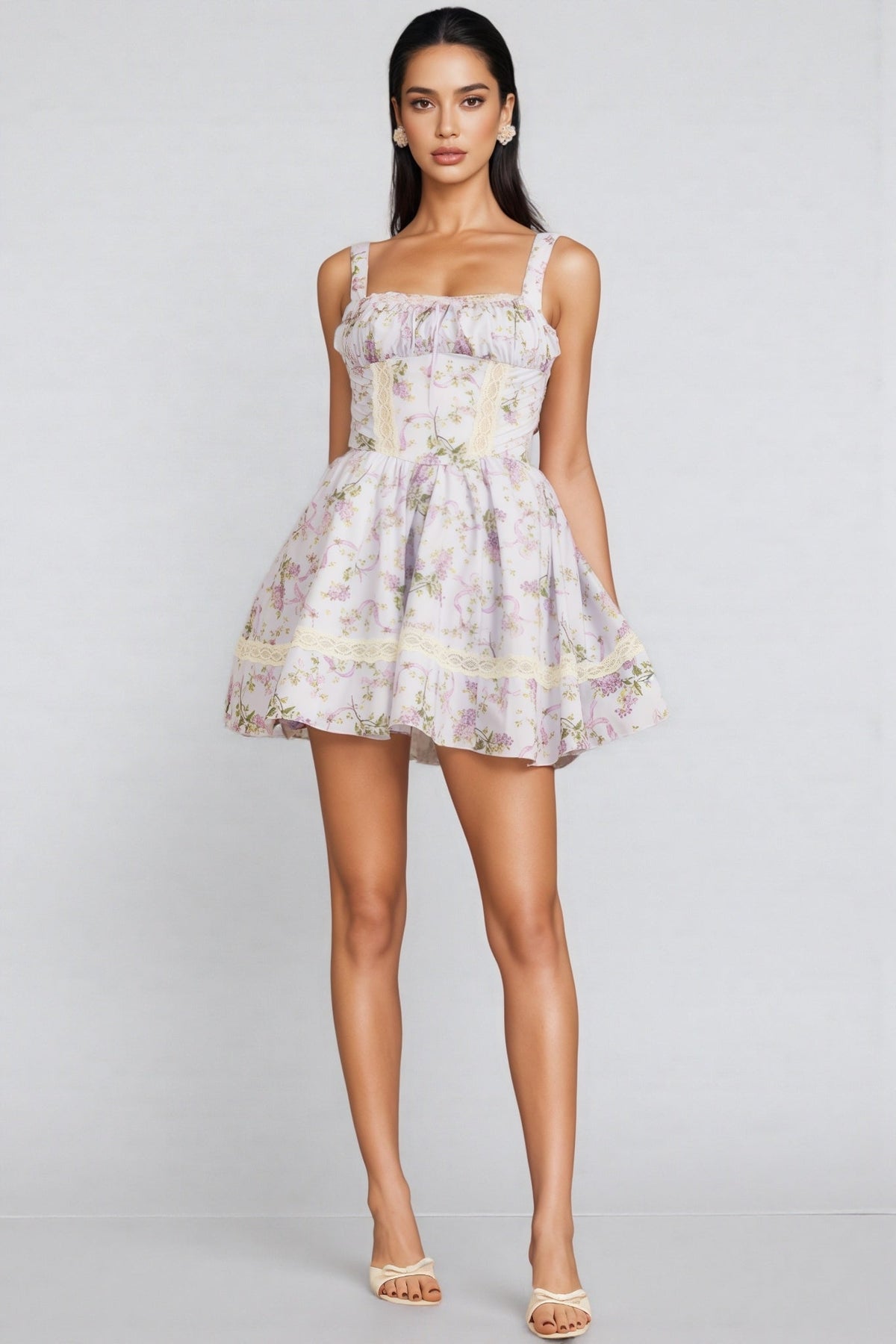 Floral Print Square Neck Lace Trim Tie Front Fit and Flare Mini Dress