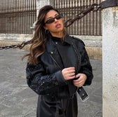 Sequins Shiny Belted Leather Coat Black / S