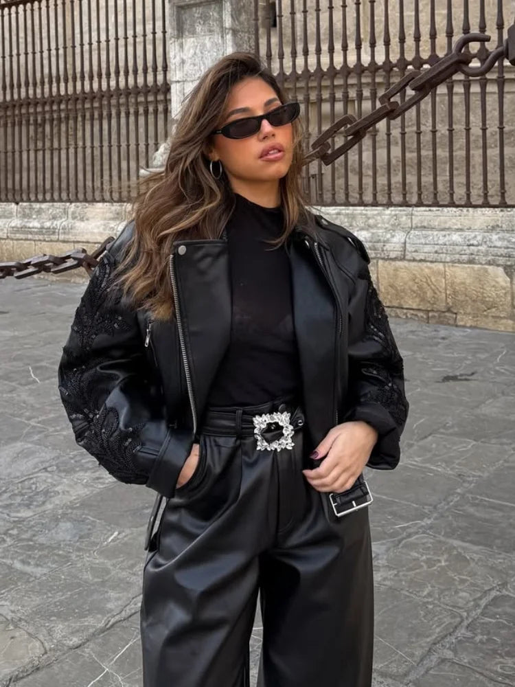 Lace Applique Sleeve Zip Front Faux Leather Biker Jacket