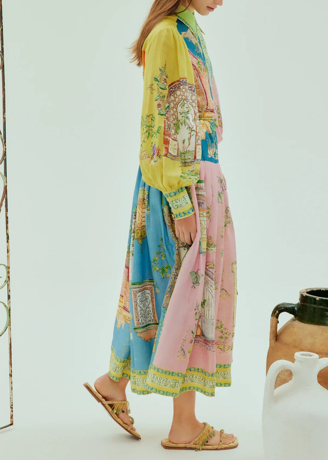 Architectural Patchwork Print Puff Sleeve Button Down Belted Pleated Midi Shirt Dress