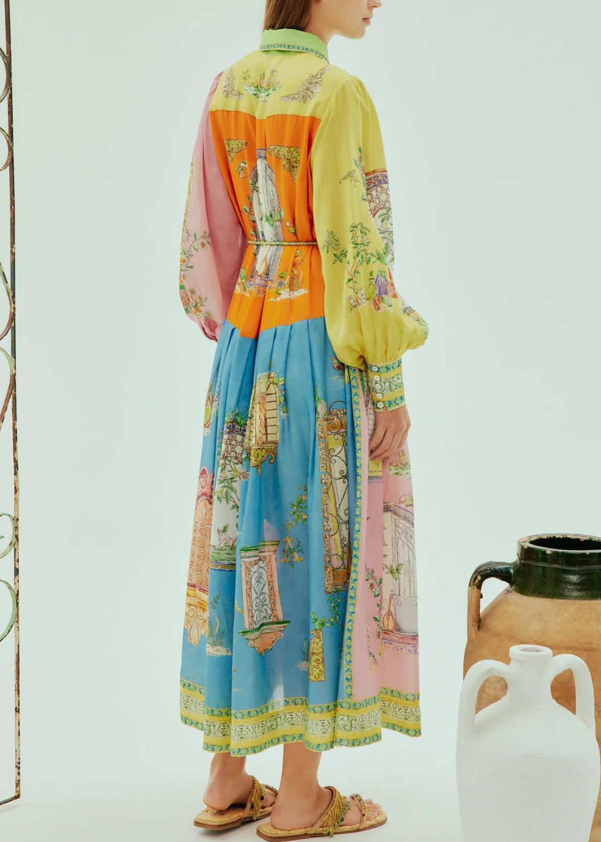 Architectural Patchwork Print Puff Sleeve Button Down Belted Pleated Midi Shirt Dress