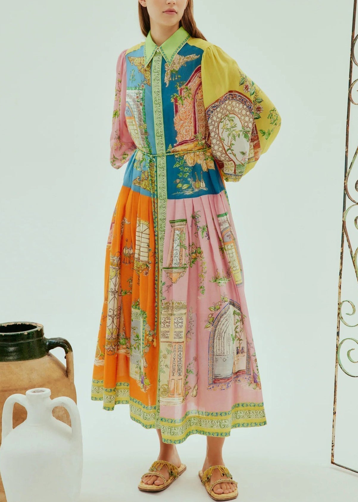 Architectural Patchwork Print Puff Sleeve Button Down Belted Pleated Midi Shirt Dress