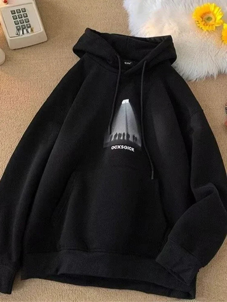 Photo Graphic Letter Print Drawstring Fleece Pullover Hoodie 7