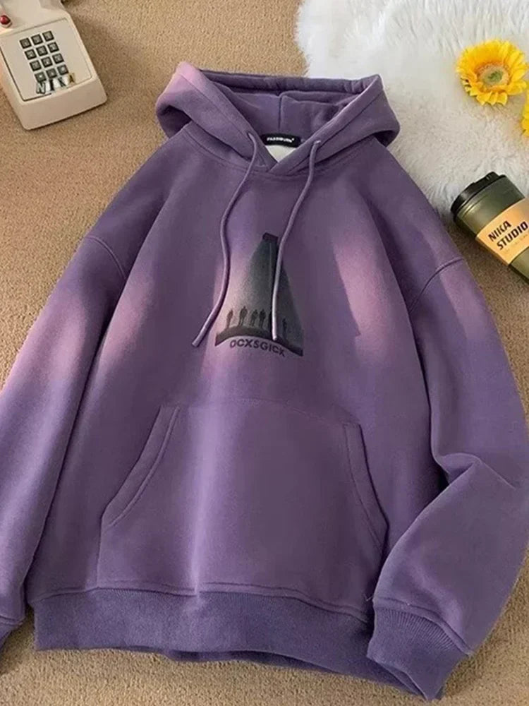 Photo Graphic Letter Print Drawstring Fleece Pullover Hoodie 8