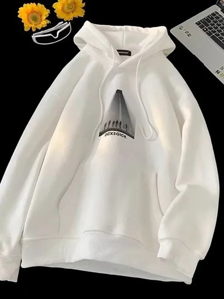 Photo Graphic Letter Print Drawstring Fleece Pullover Hoodie 9