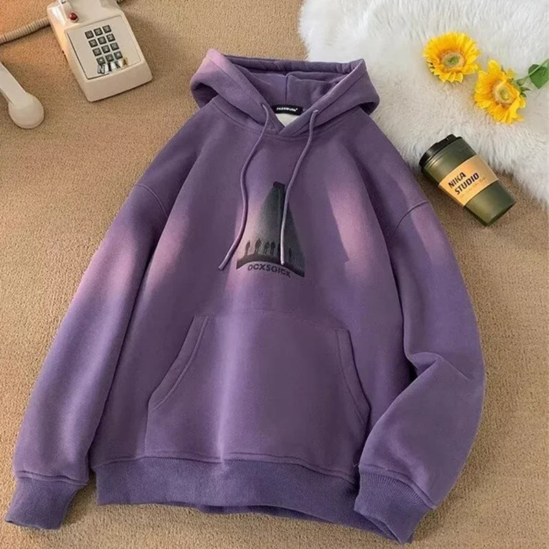 Photo Graphic Letter Print Drawstring Fleece Pullover Hoodie 5