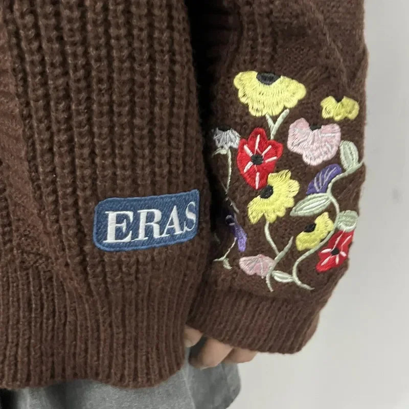 V-Neck Floral Embroidered Sleeve Cable Knit Button Front Cardigan 2