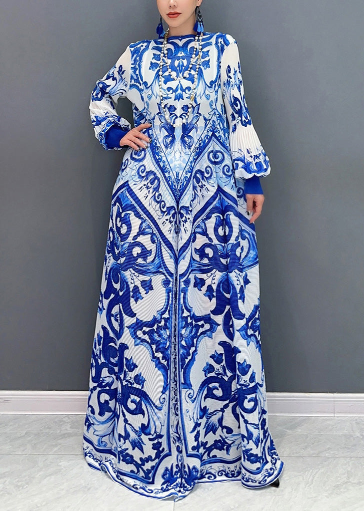 Architectural Print Crew Neck Lantern Sleeve Pleated Maxi Gown