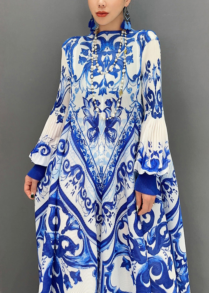 Architectural Print Crew Neck Lantern Sleeve Pleated Maxi Gown