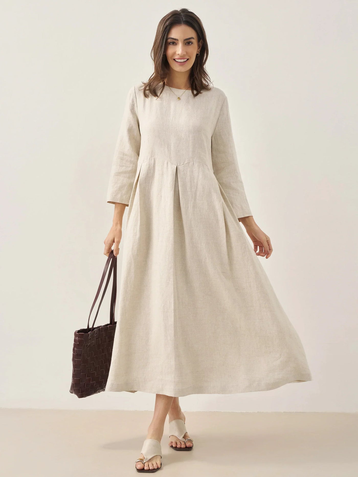 Pleated Round Neck Pocket A-Line Maxi Dress 6