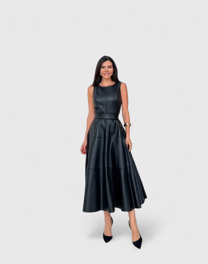 Faux Leather Round Neck Sleeveless Fit and Flare Midi Dress