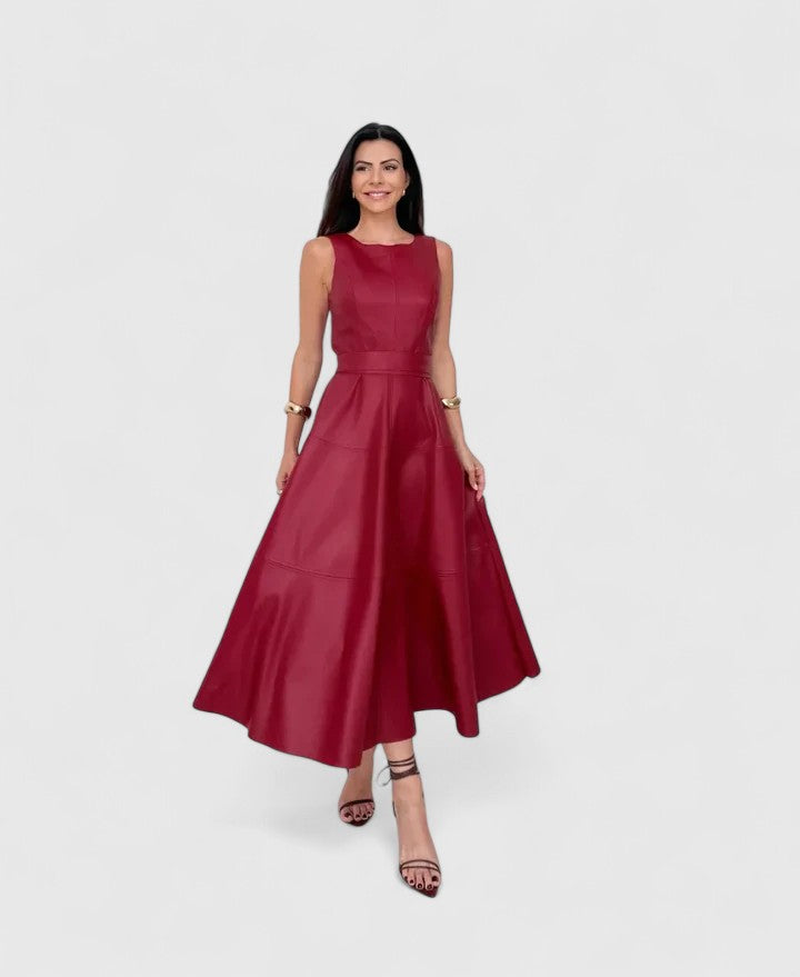 Faux Leather Round Neck Sleeveless Fit and Flare Midi Dress