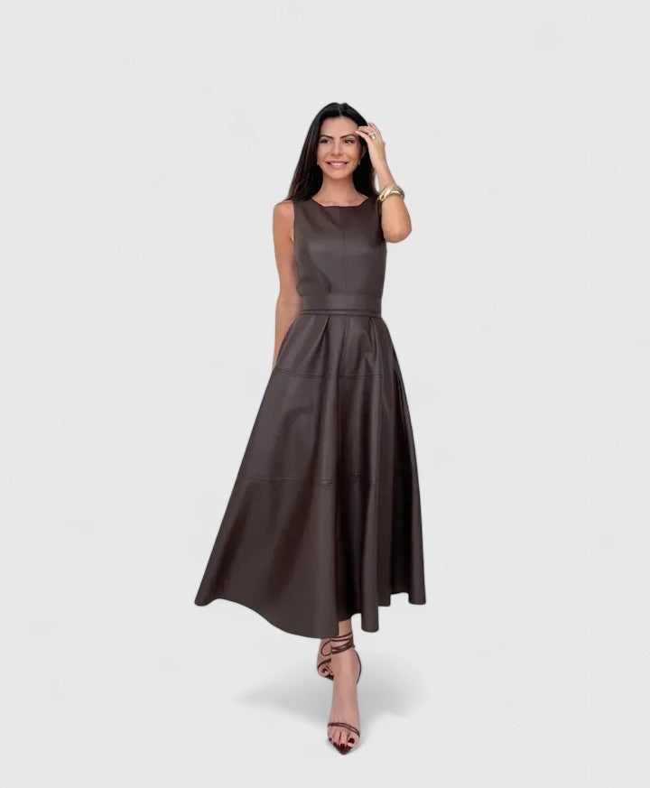 Faux Leather Round Neck Sleeveless Fit and Flare Midi Dress