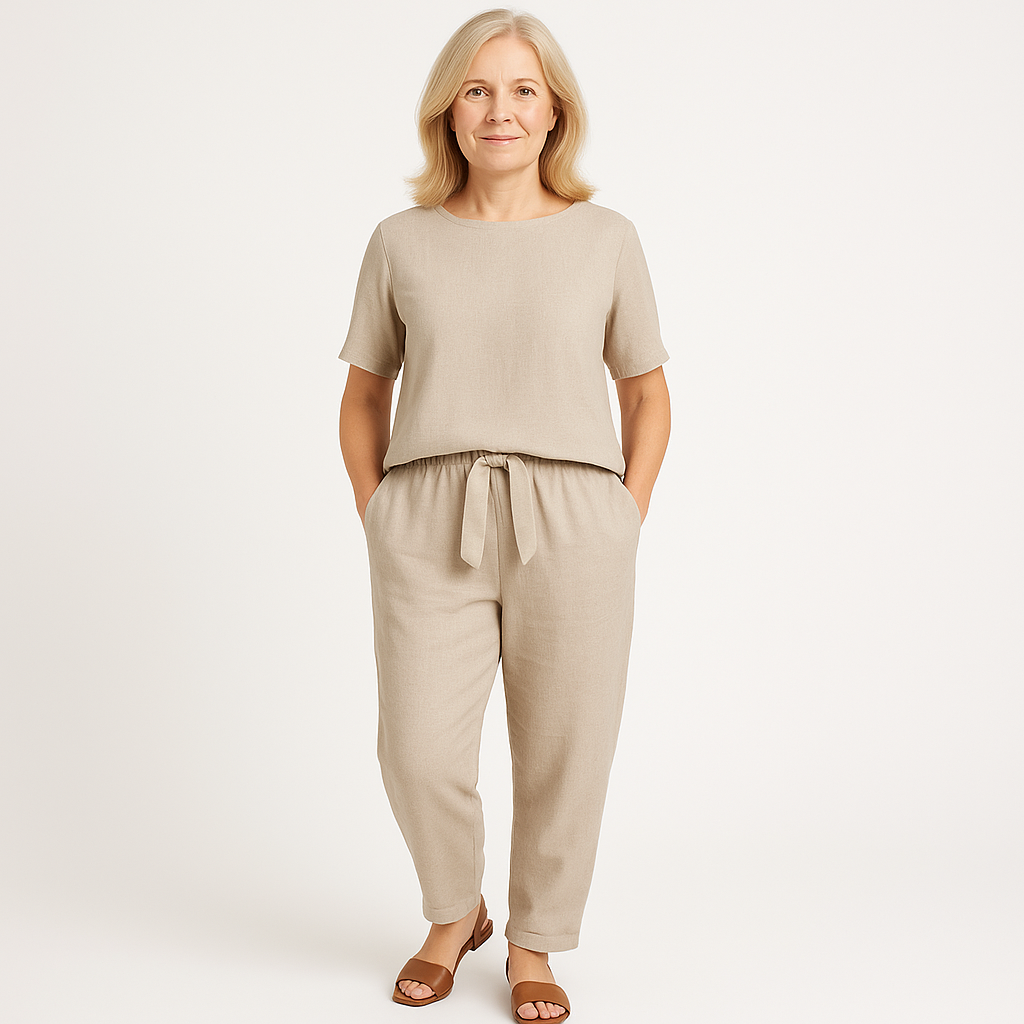 Boat Neck Short Sleeve Top and Tie Waist Tapered Pants Two Piece Set