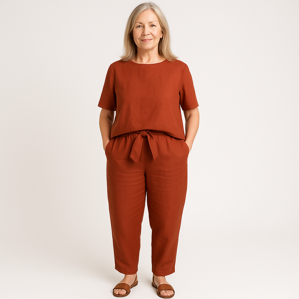 Boat Neck Short Sleeve Top and Tie Waist Tapered Pants Two Piece Set
