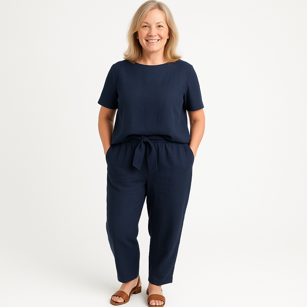 Boat Neck Short Sleeve Top and Tie Waist Tapered Pants Two Piece Set