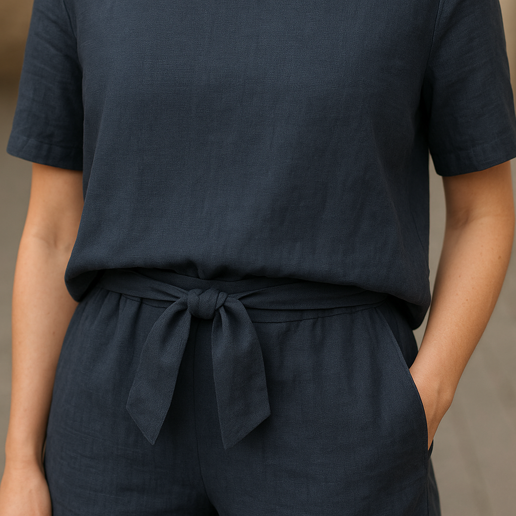 Boat Neck Short Sleeve Top and Tie Waist Tapered Pants Two Piece Set
