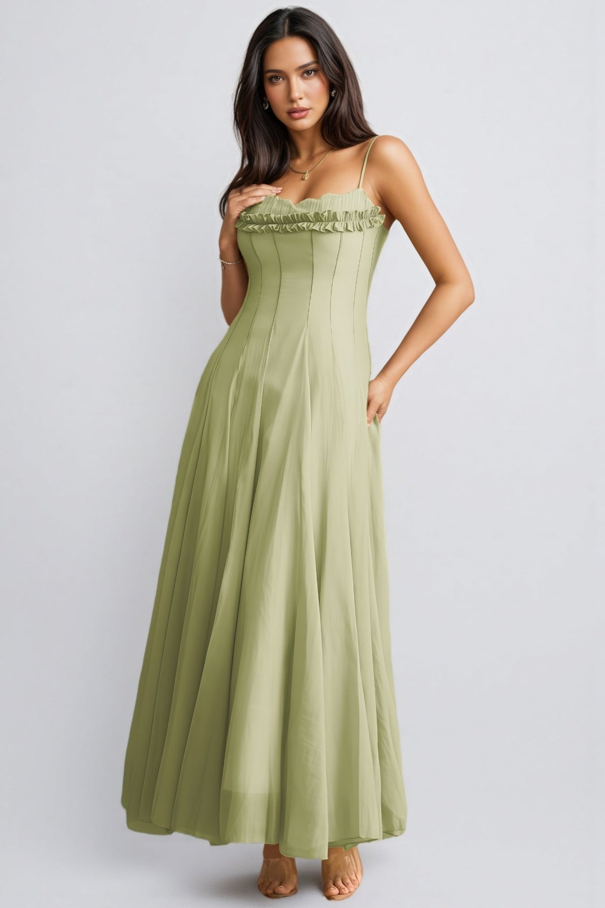 Spaghetti Strap Ruffle Trim Corset Seam Bodice A-Line Maxi Dress