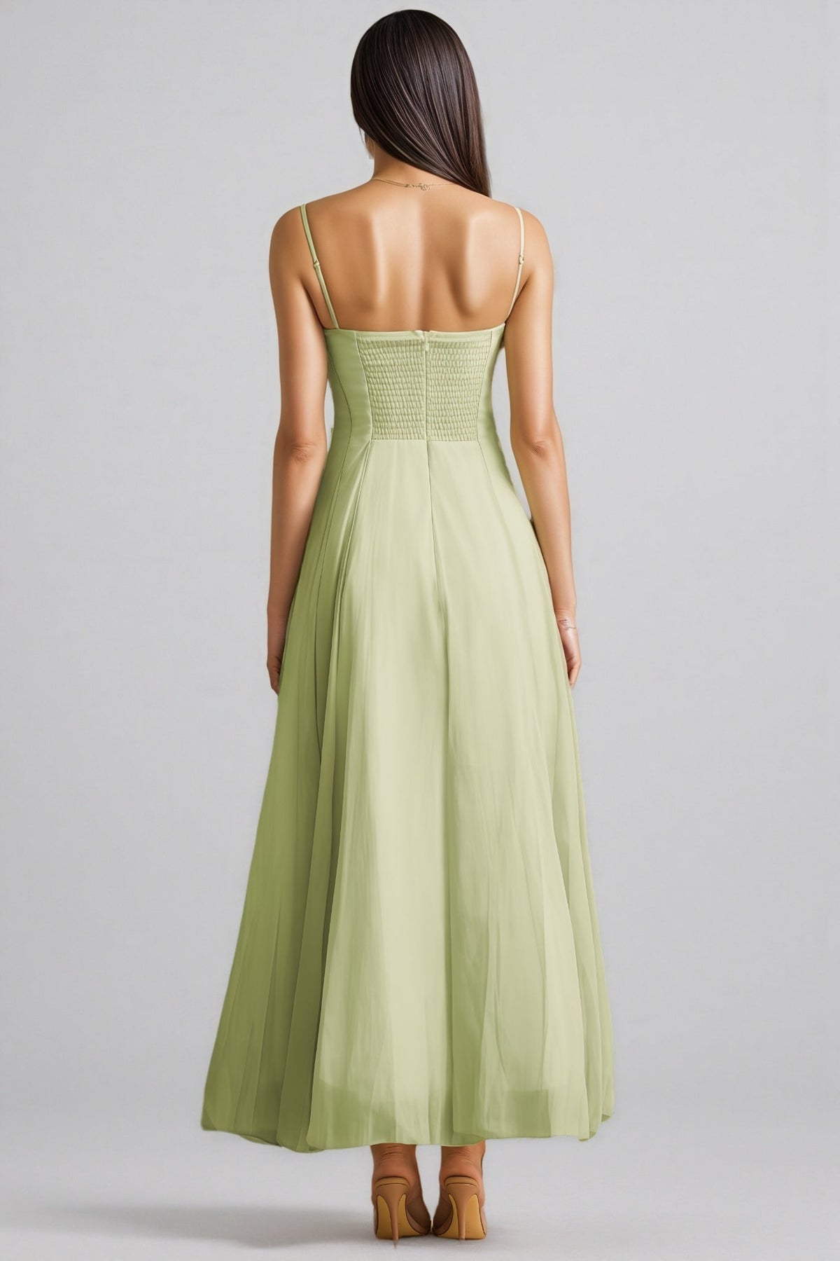 Spaghetti Strap Ruffle Trim Corset Seam Bodice A-Line Maxi Dress 7