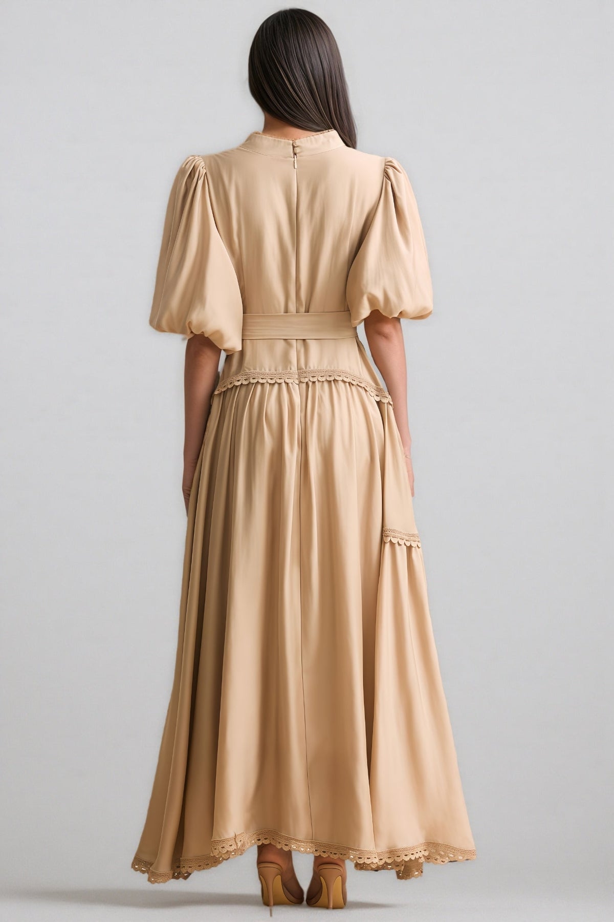 Lace Trim Puff Sleeve Button Front Tie Waist Tiered Maxi Dress 7