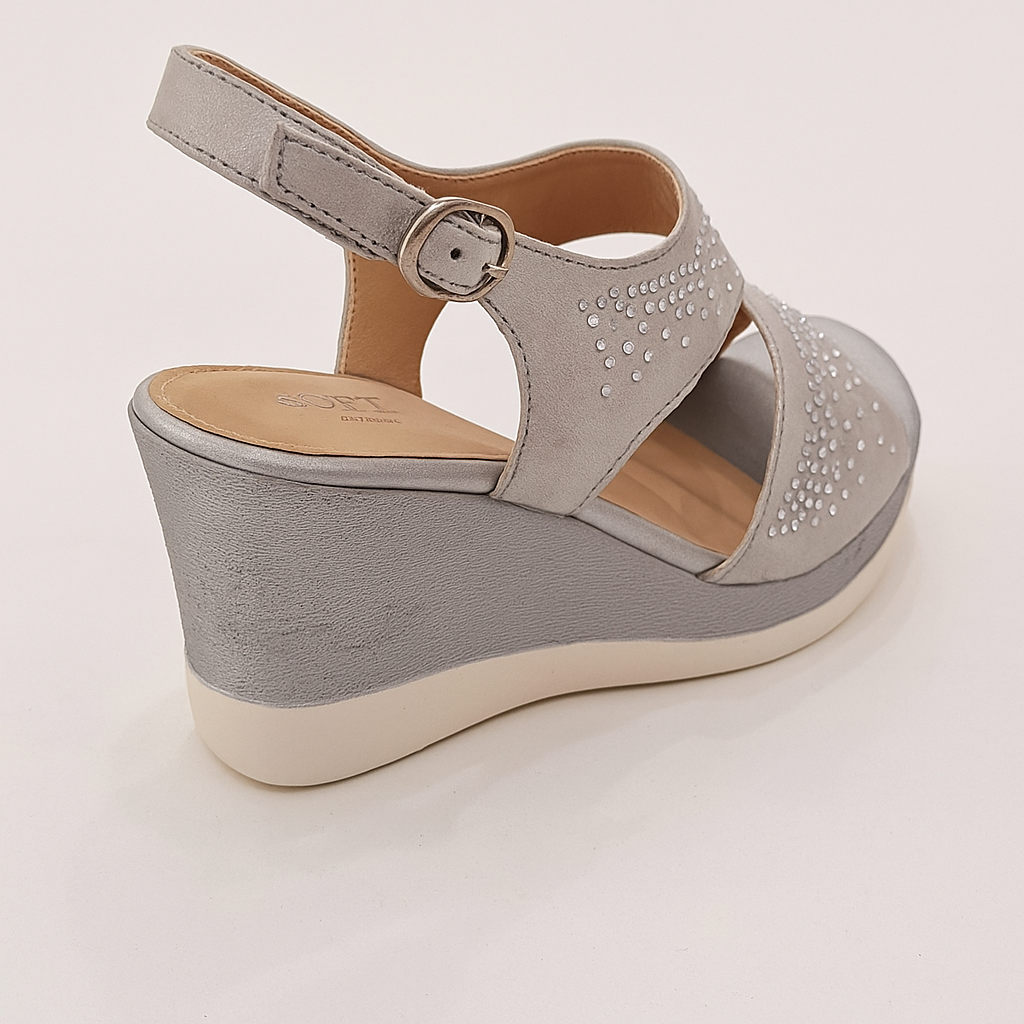 Open Toe Slingback Buckle Rhinestone Wedge Sandals