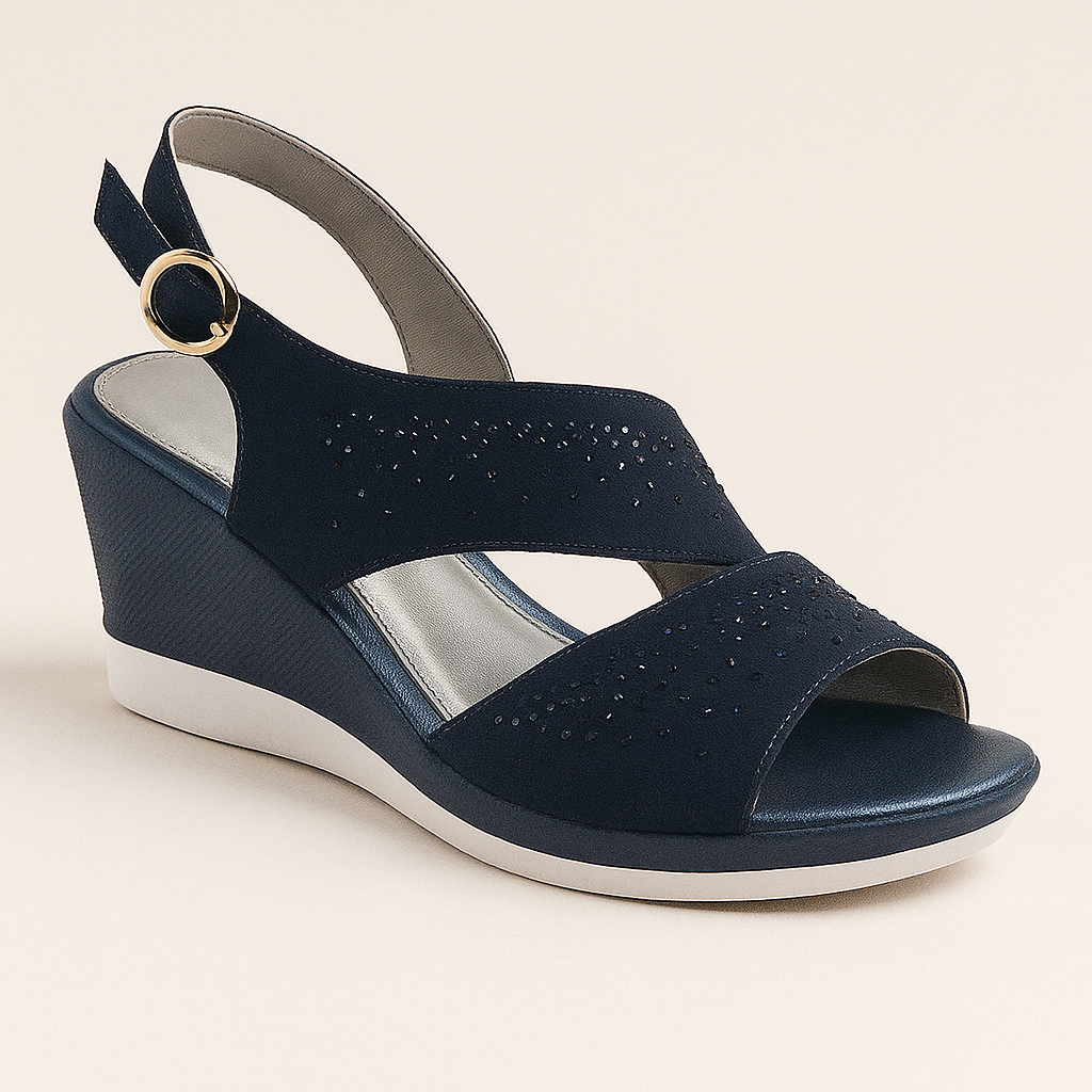 Open Toe Slingback Buckle Rhinestone Wedge Sandals