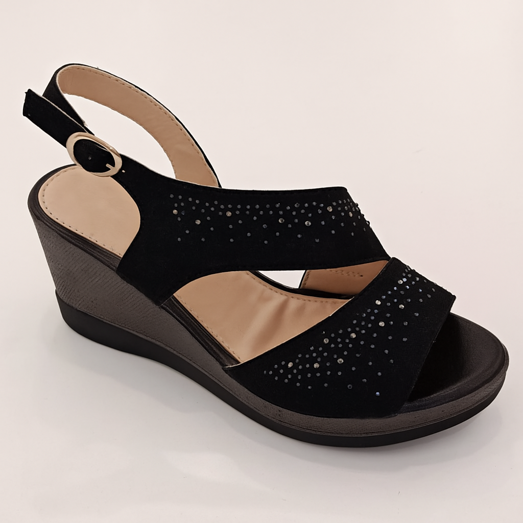 Open Toe Slingback Buckle Rhinestone Wedge Sandals