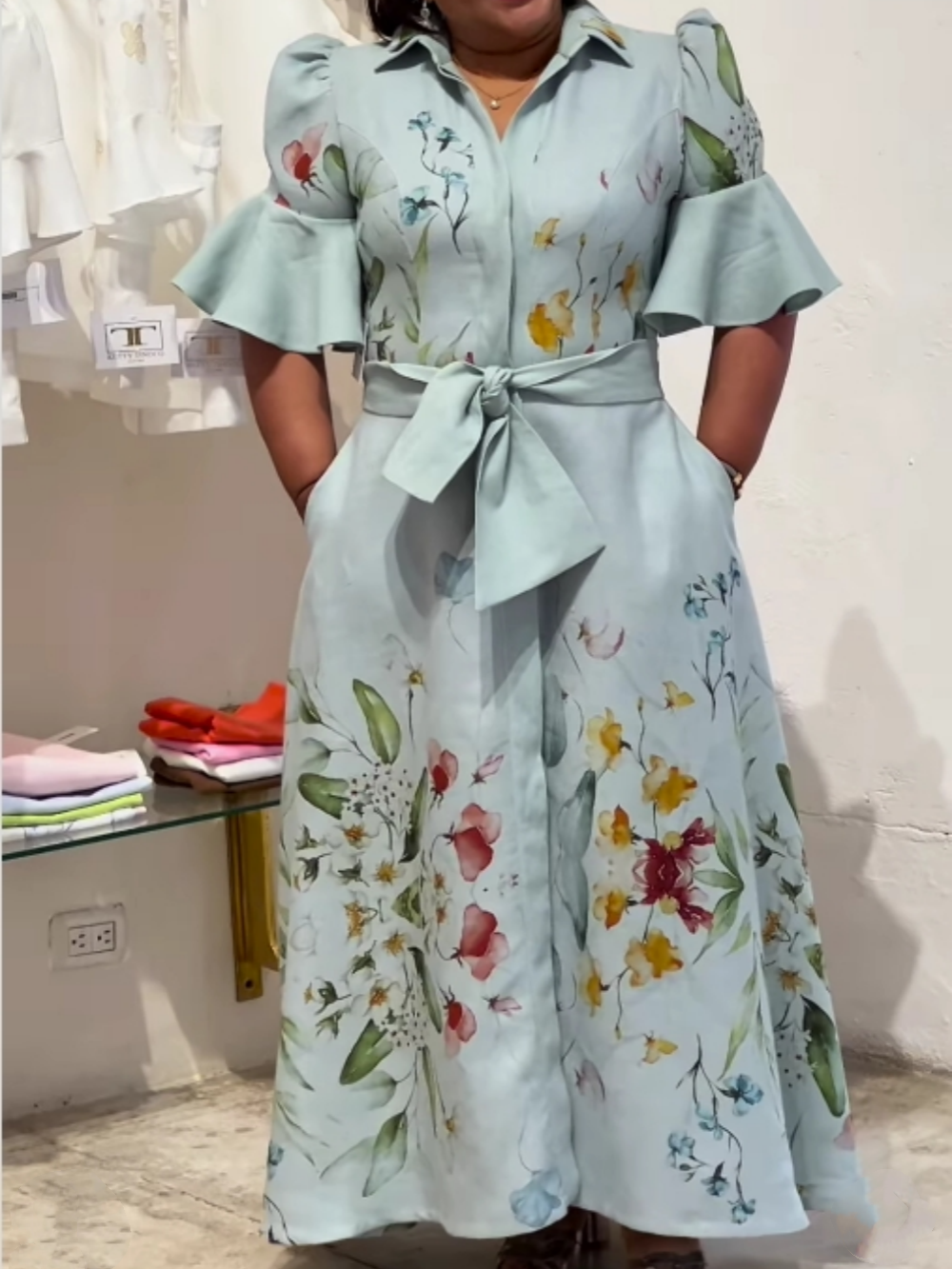 Puff Sleeve Ruffle Printed Lace-Up Dress Blue