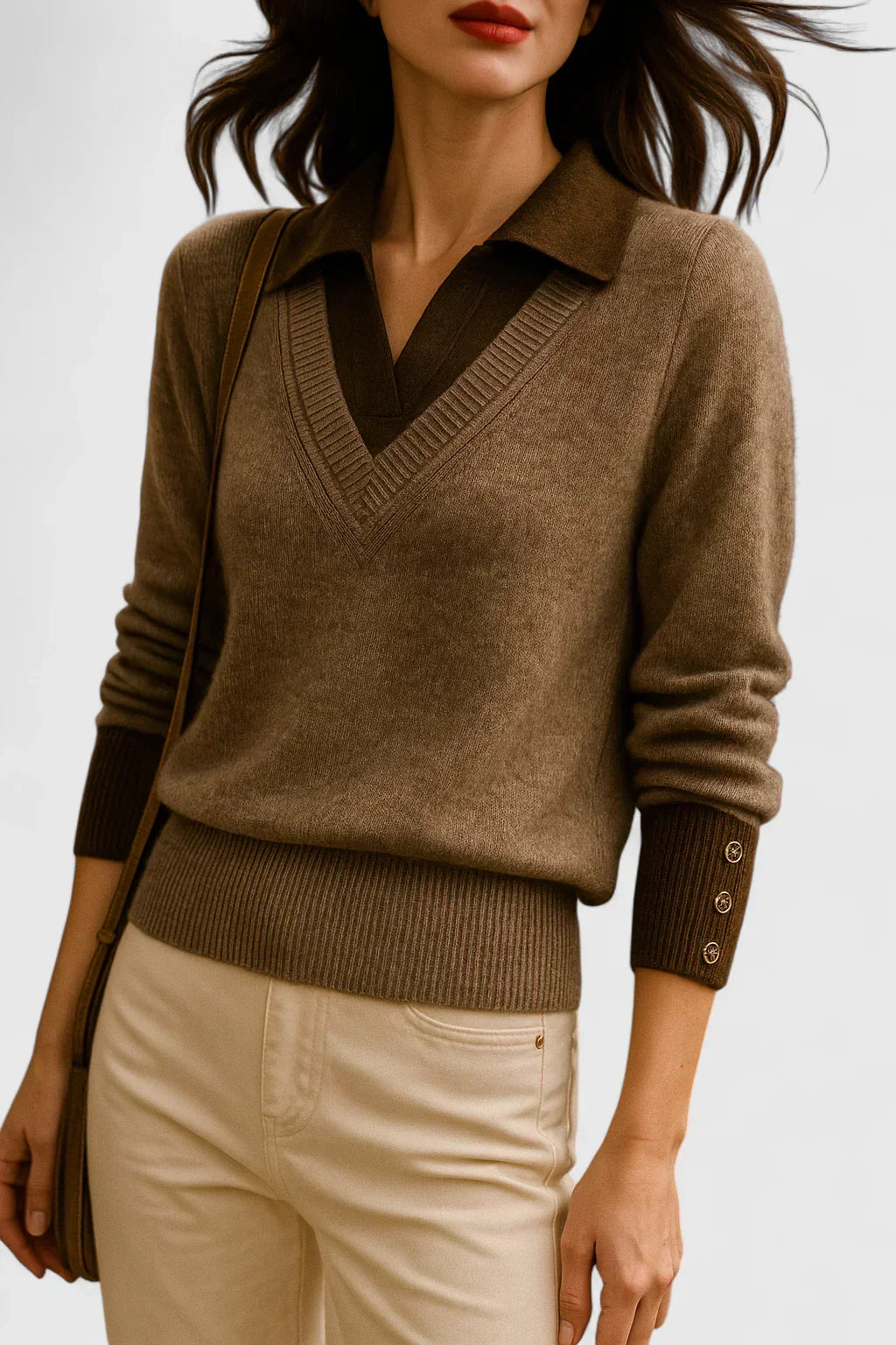 Polo Collar V-Neck Button Cuff Sweater