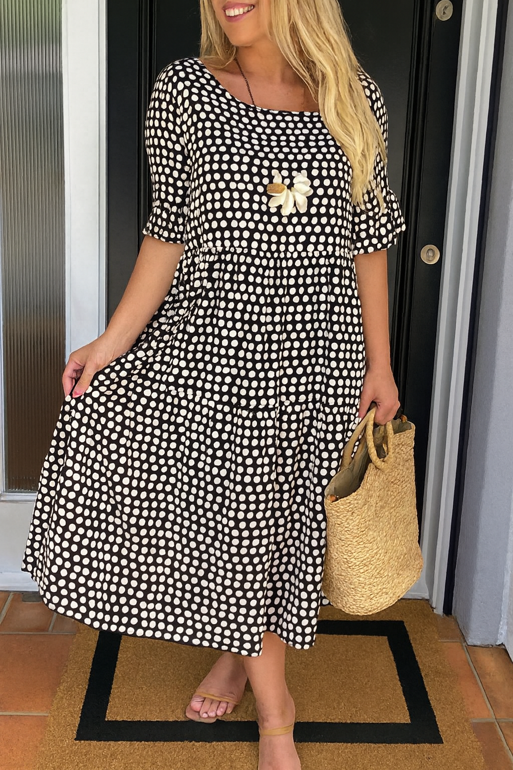 Polka Dot Round Neck Short Sleeve Tiered Midi Dress