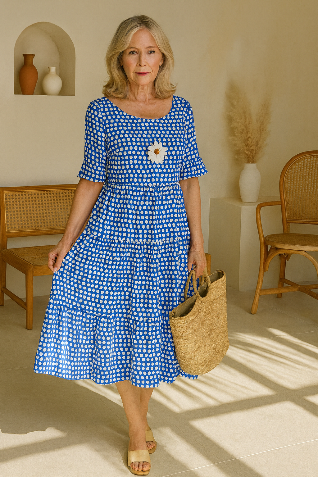 Polka Dot Square Neck Short Sleeve Tiered Midi Dress