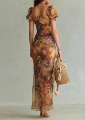 2026 New V-Neck Ruffle Print Side Open Chiffon Dress Summer 2