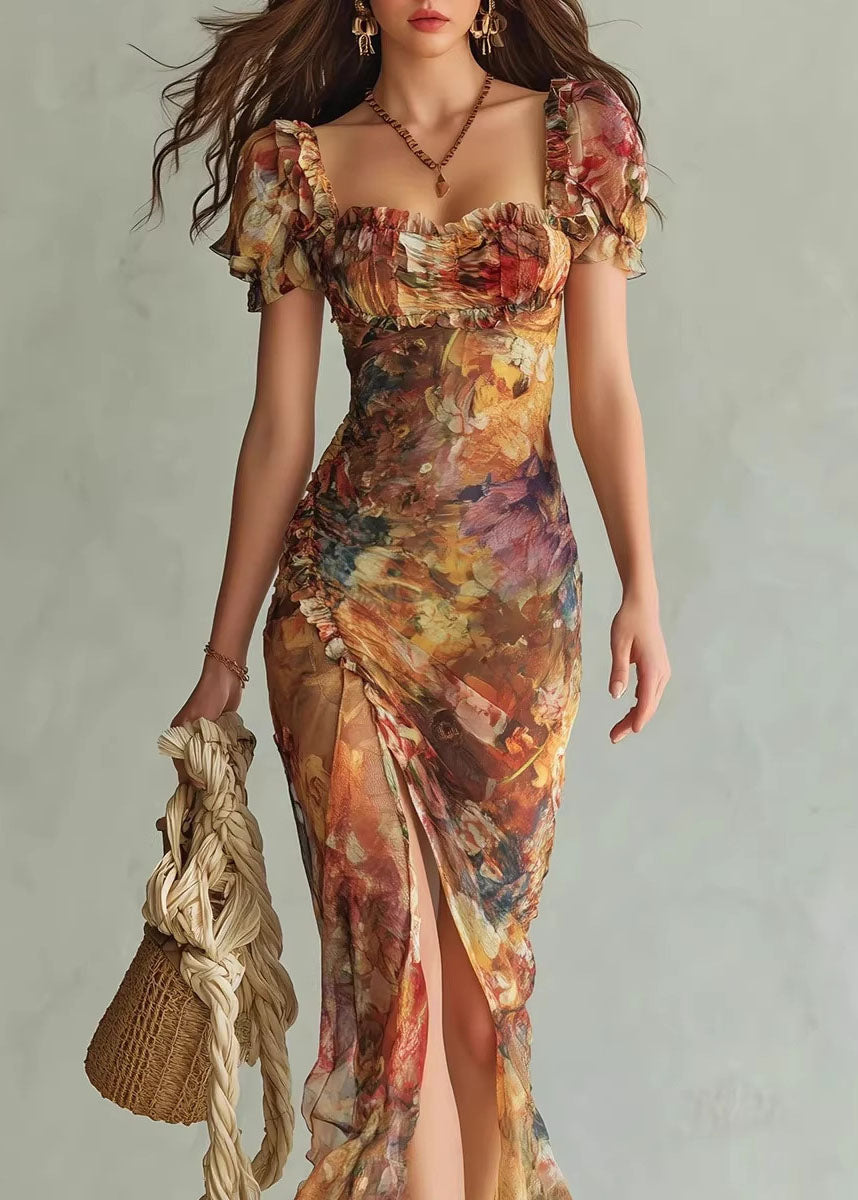 2026 New V-Neck Ruffle Print Side Open Chiffon Dress Summer 4