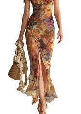 2026 New V-Neck Ruffle Print Side Open Chiffon Dress Summer 5