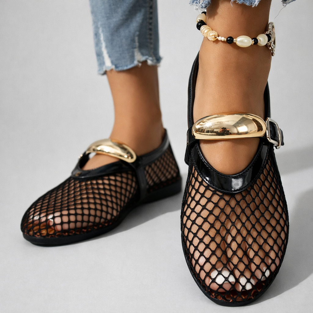 Mesh Round Toe Metal Buckle Strap Mary Jane Flats