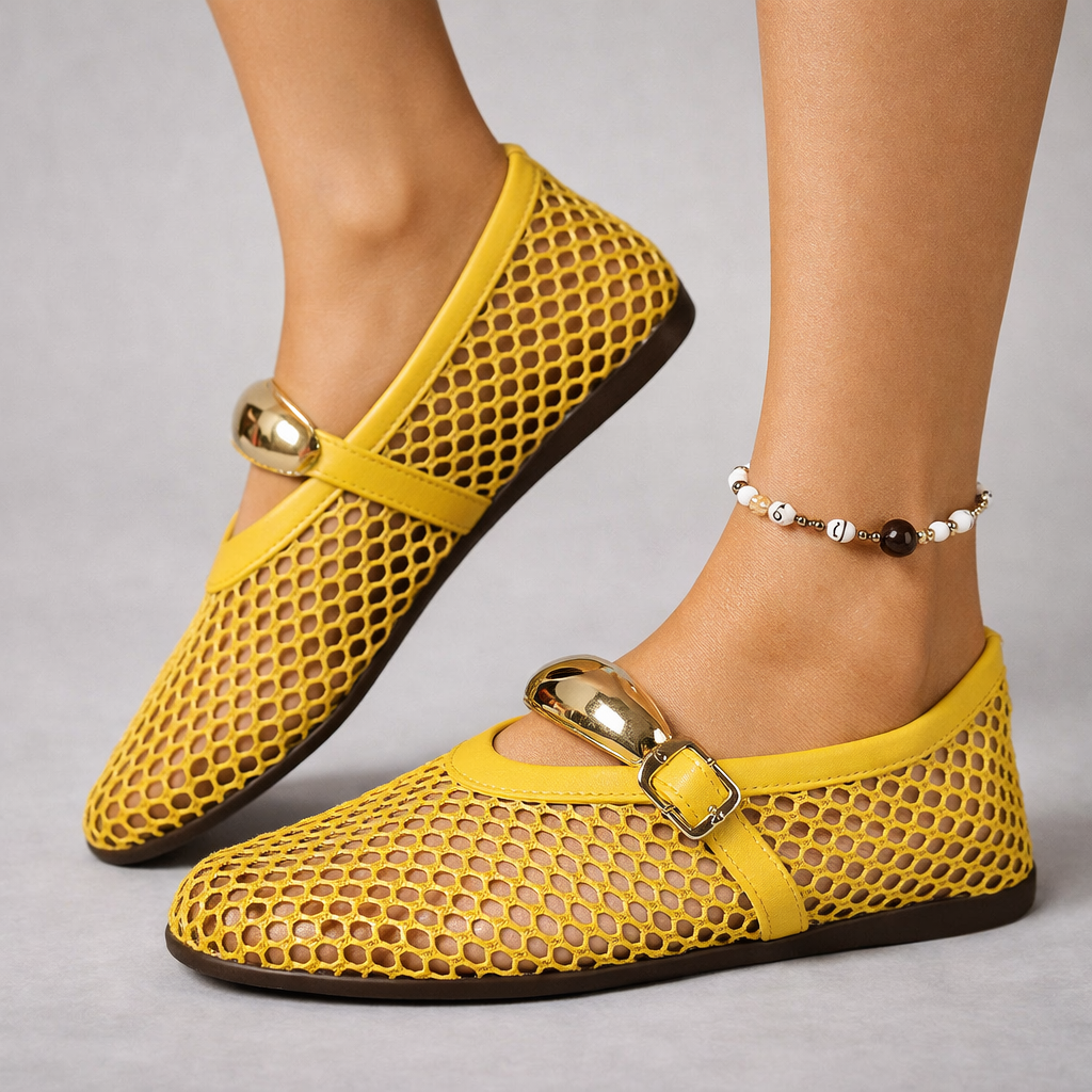 Mesh Round Toe Metal Buckle Strap Mary Jane Flats