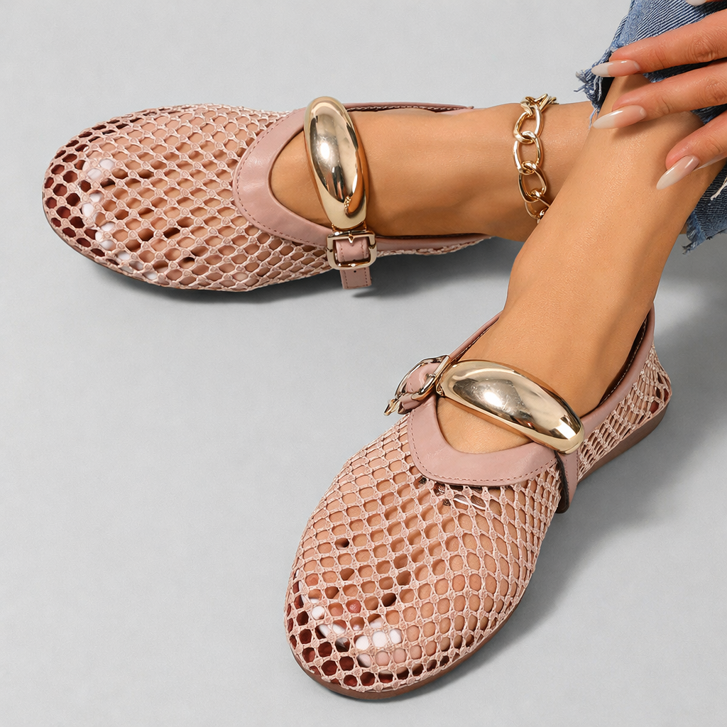 Mesh Round Toe Metal Buckle Strap Mary Jane Flats