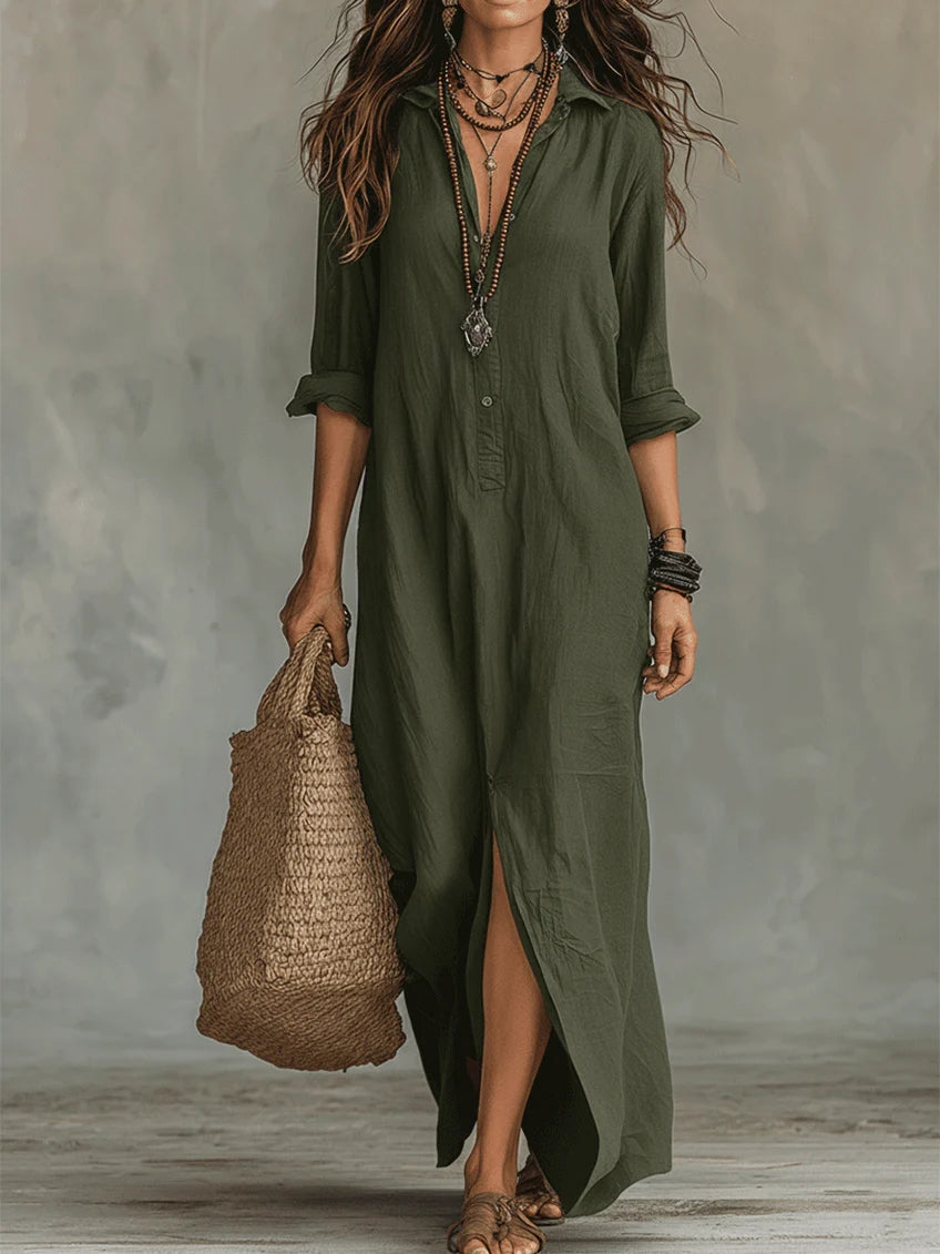 Collared Half Placket Long Sleeve Side Slit Maxi Shirt Dress
