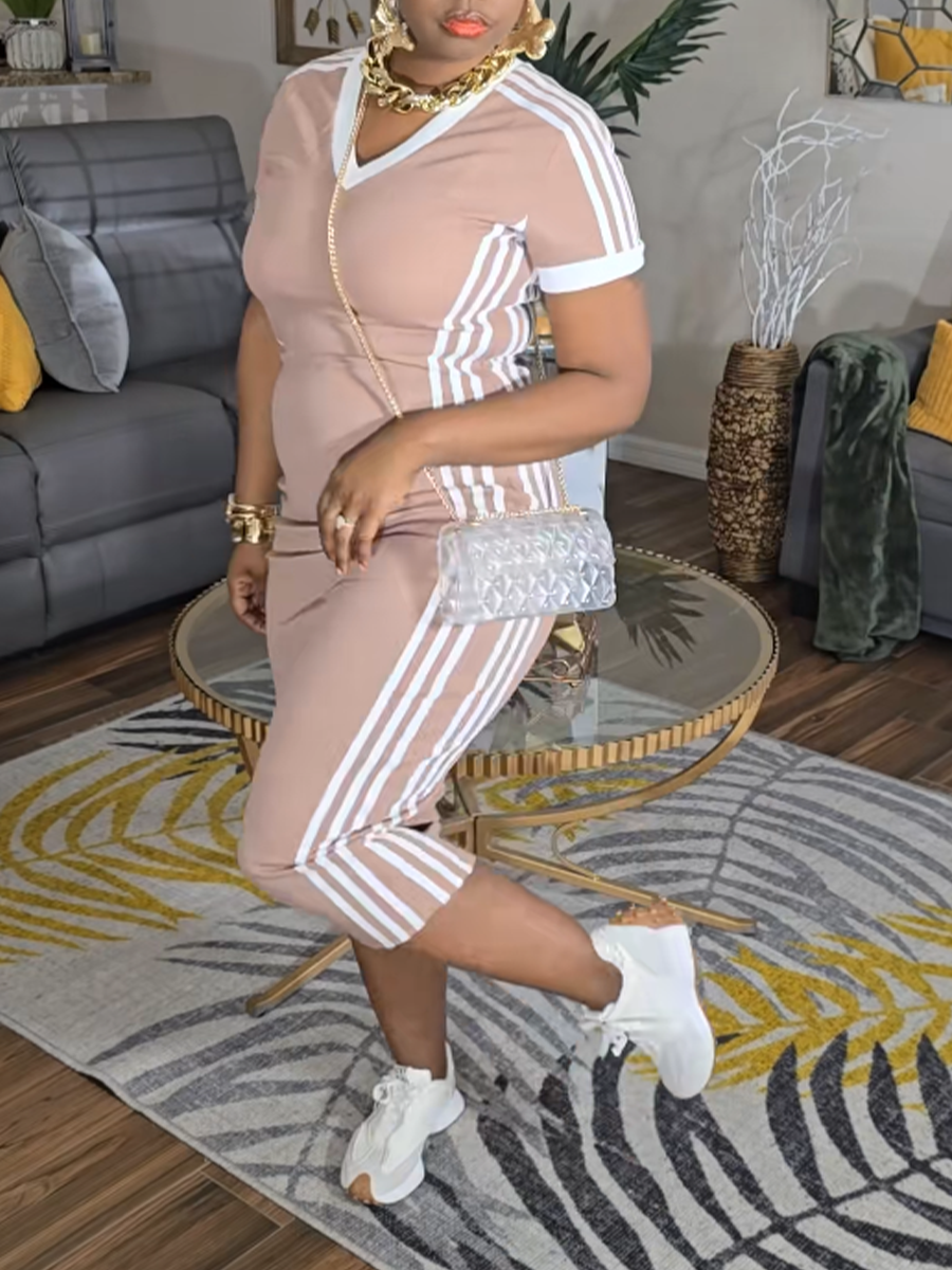 V-Neck Short Sleeve Side Stripe Knit Bodycon Midi Dress 11