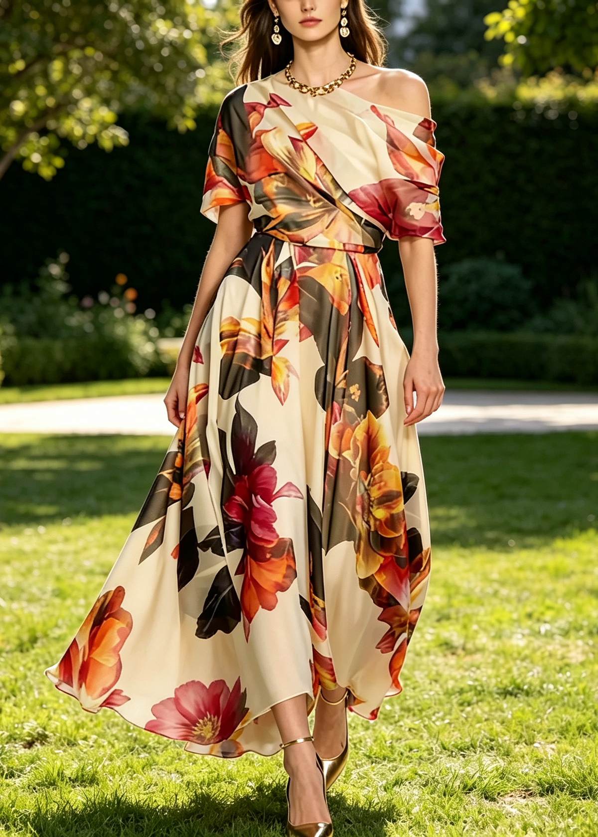 Floral Print Asymmetric Off Shoulder Draped Bodice Flowy Midi Dress