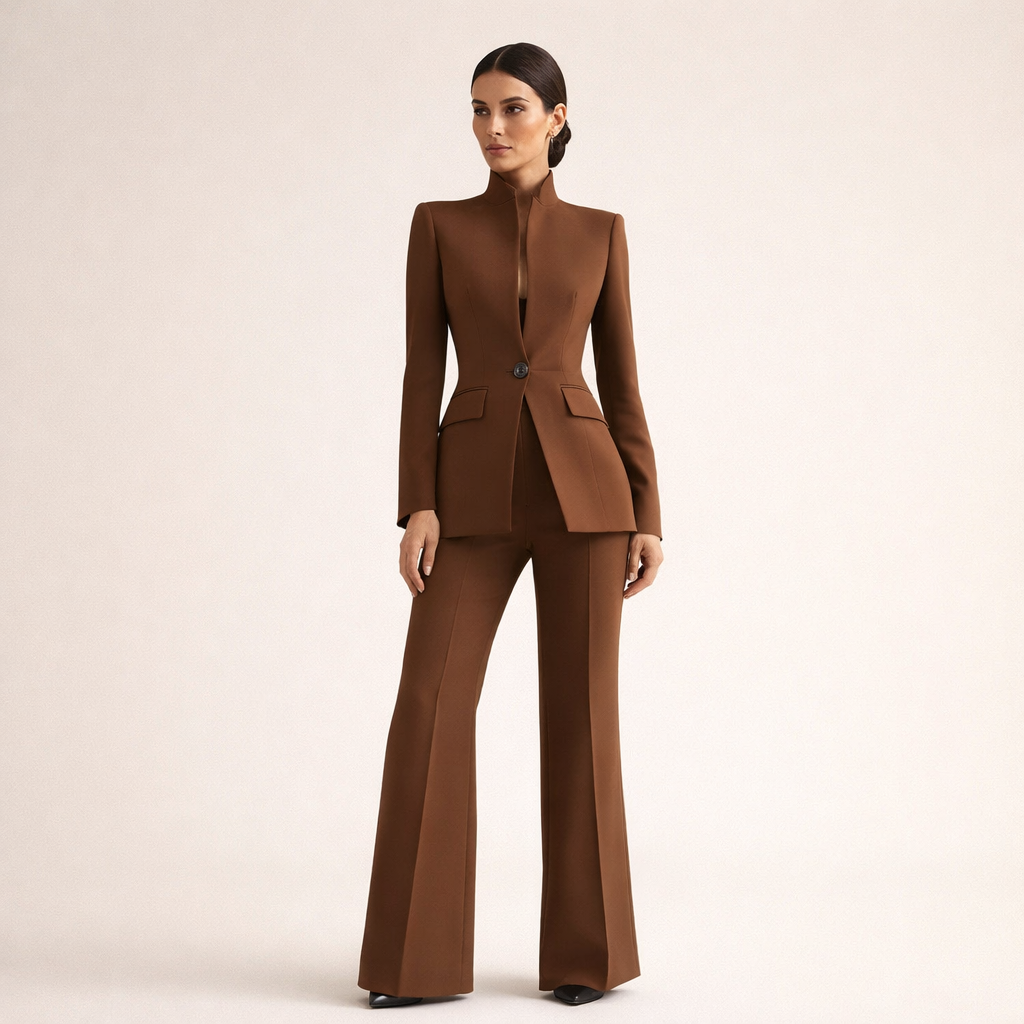 Stand Collar Single Button Blazer and Wide Leg Pants Two Piece Set
