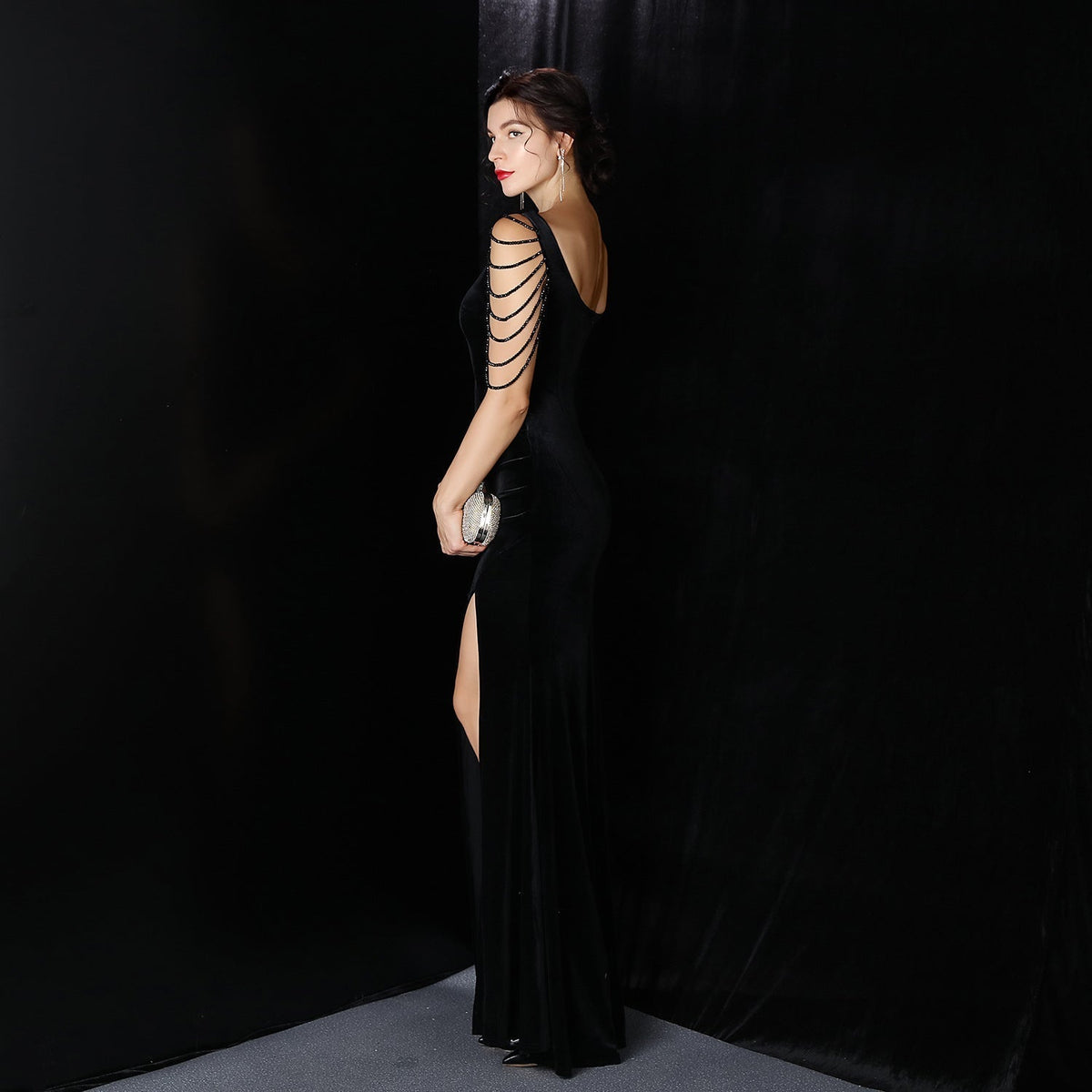 Velvet V-Neck Beaded Chain Sleeve High Split Mermaid Formal Gown 6