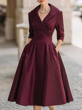 Satin Shawl Collar Wrap Ruched Fit and Flare Midi Dress Cocktail 6