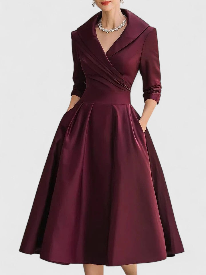 Satin Collared Long Sleeve Fit and Flare Midi Dress 6