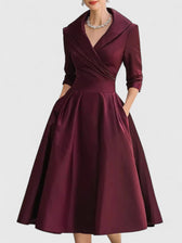 Satin Collared Long Sleeve Fit and Flare Midi Dress 6