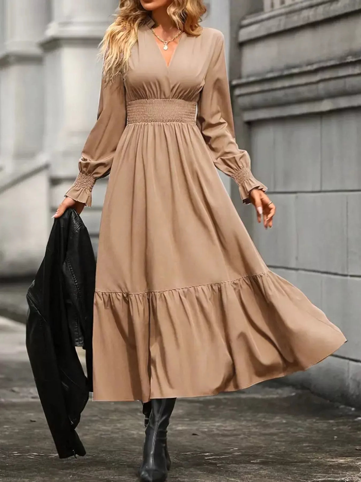 Surplice V-Neck Smocked Waist Balloon Sleeve Tiered Midi Dress 16