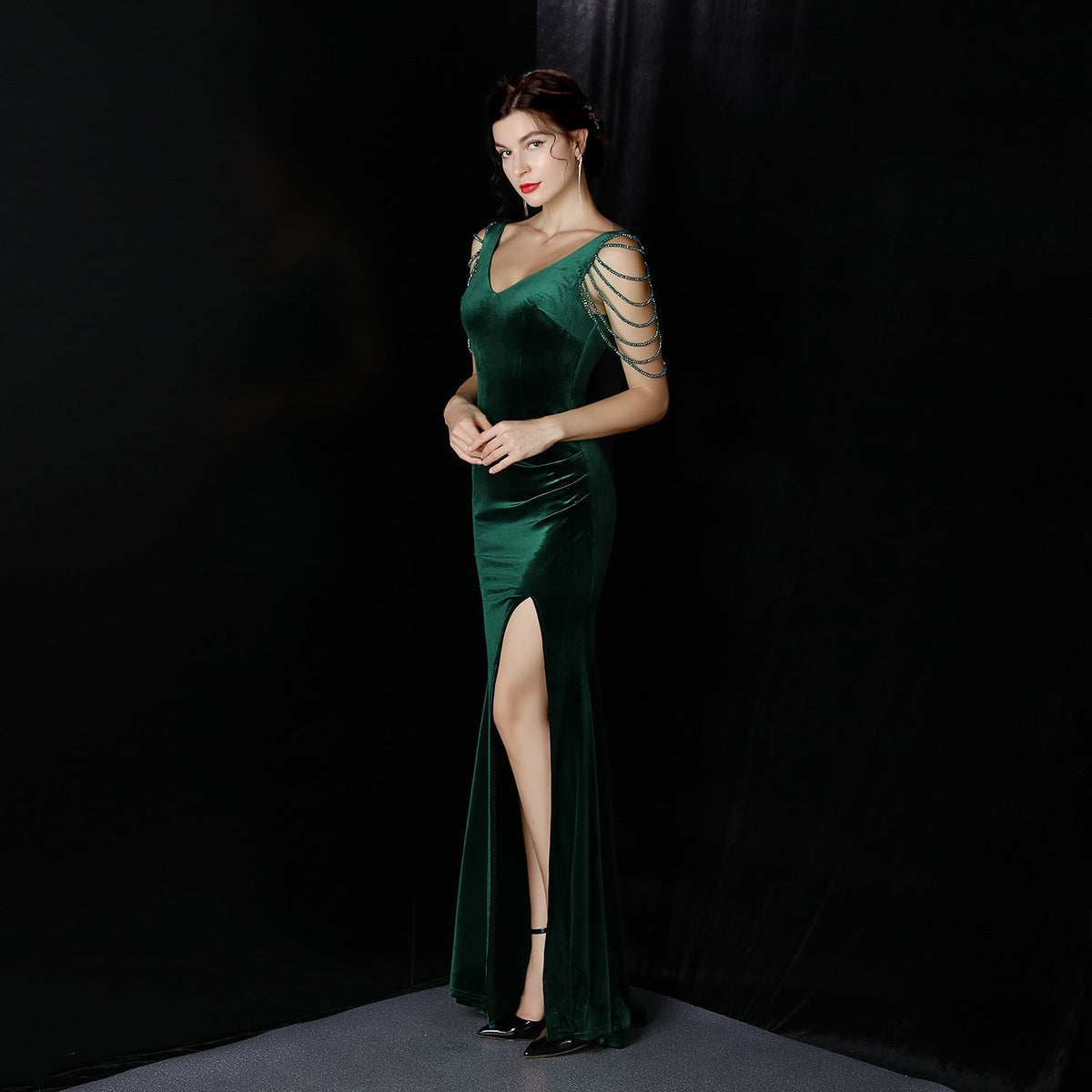 Velvet V-Neck Beaded Chain Sleeve High Split Mermaid Formal Gown 3