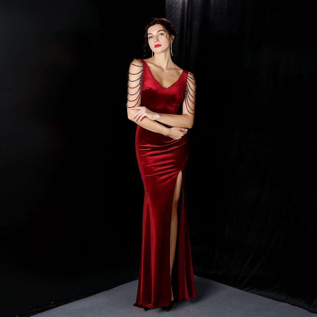 Velvet V-Neck Beaded Chain Sleeve High Split Mermaid Formal Gown 7