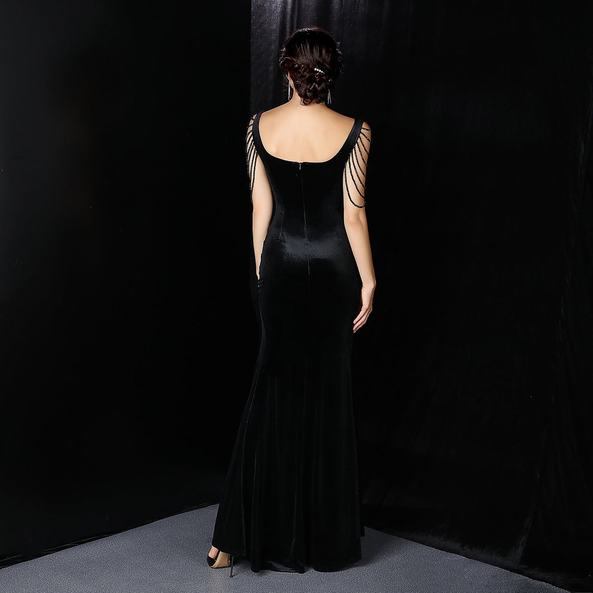 Velvet V-Neck Beaded Chain Sleeve High Split Mermaid Formal Gown 5